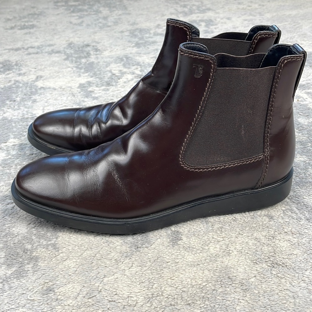 Tods Chelsea Boots Dark Brown Glossy Smooth Leather Shoes US 7.5
